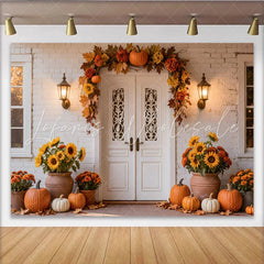 Lofaris Autumn Holiday Backdrop with Pumpkins and Fall Leaves for Front Door Decor Seasonal Background Banner for Thanksgiving Party