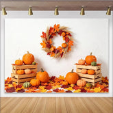 Lofaris Autumn Holiday Backdrop with Pumpkins Maple Leaves and Wreath Rustic Fall Photography Background for Seasonal Decor