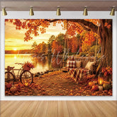 Lofaris Autumn Lake Photography Backdrop with Wooden Swing and Fall Leaves Cozy Rustic Fall Scene Background for Studio Photoshoot