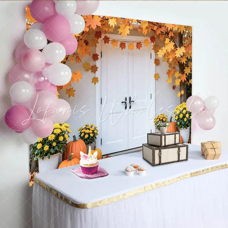 Lofaris Autumn Maple Leaf Thanksgiving Backdrop with Pumpkins and Flowers Harvest Fall Decor Background for Photography and Party