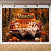 Lofaris Autumn Orange Truck Backdrop with Pumpkins and Fall Leaves Warm Harvest Background for Thanksgiving Party Decor