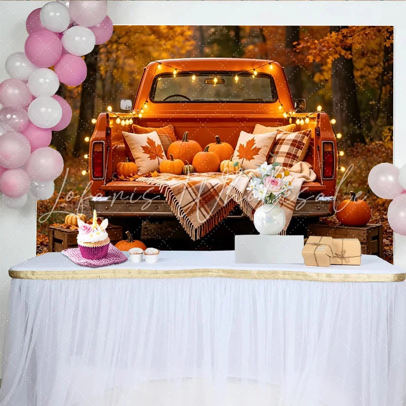 Lofaris Autumn Orange Truck Backdrop with Pumpkins and Fall Leaves Warm Harvest Background for Thanksgiving Party Decor