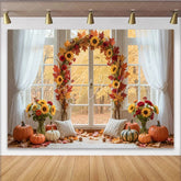 Lofaris Autumn Photography Backdrop with Pumpkins and Sunflowers Cozy Fall Window Scene Background for Studio Photoshoot
