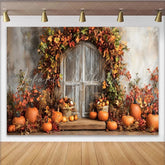 Lofaris Autumn Photography Backdrop with Rustic Wooden Door and Pumpkins Fall Leaves Studio Background for Seasonal Holiday Decor