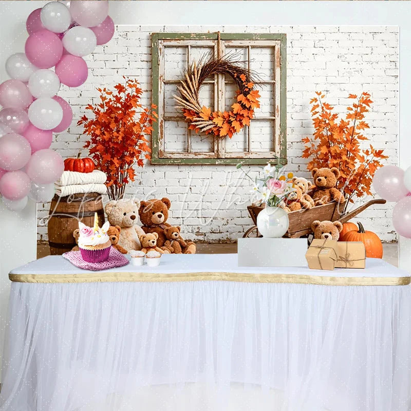 Lofaris Autumn Photography Backdrop with Teddy Bears and Pumpkins Cozy Fall Studio Background for Portrait Photoshoot