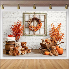 Lofaris Autumn Photography Backdrop with Teddy Bears and Pumpkins Cozy Fall Studio Background for Portrait Photoshoot