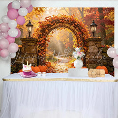 Lofaris Autumn Pumpkin Archway Backdrop with Orange Leaves and Lanterns Fall Holiday Photography Background for Party Decor