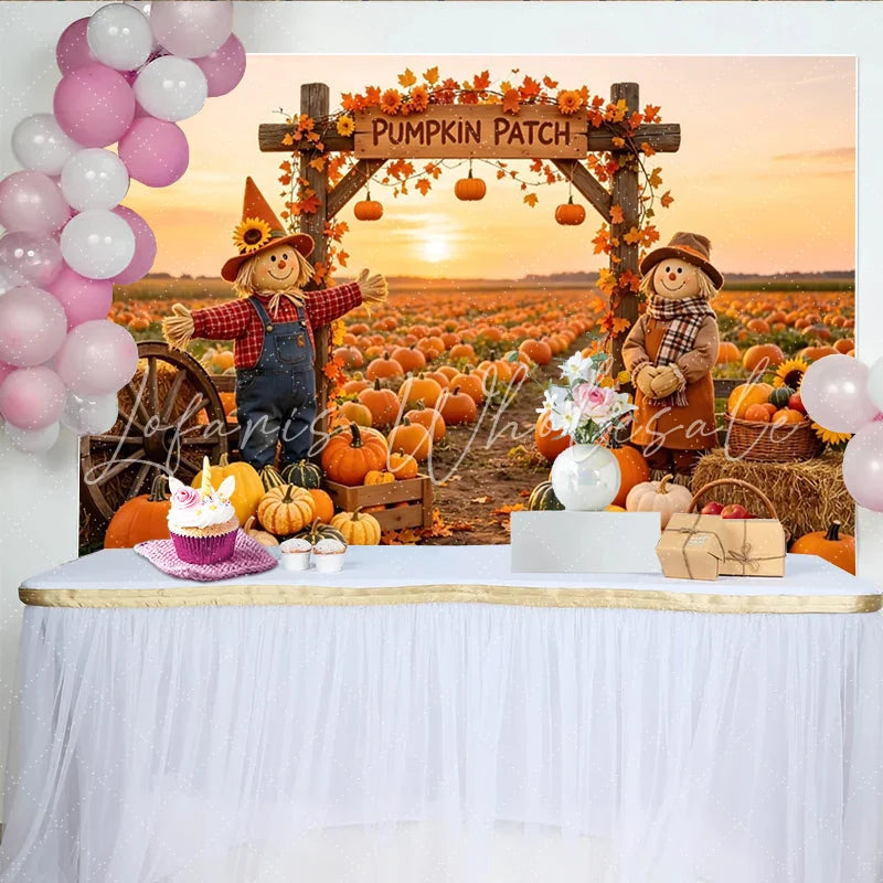 Lofaris Autumn Pumpkin Patch Backdrop with Scarecrows and Sunset Fall Harvest Photography Background for Party Decor