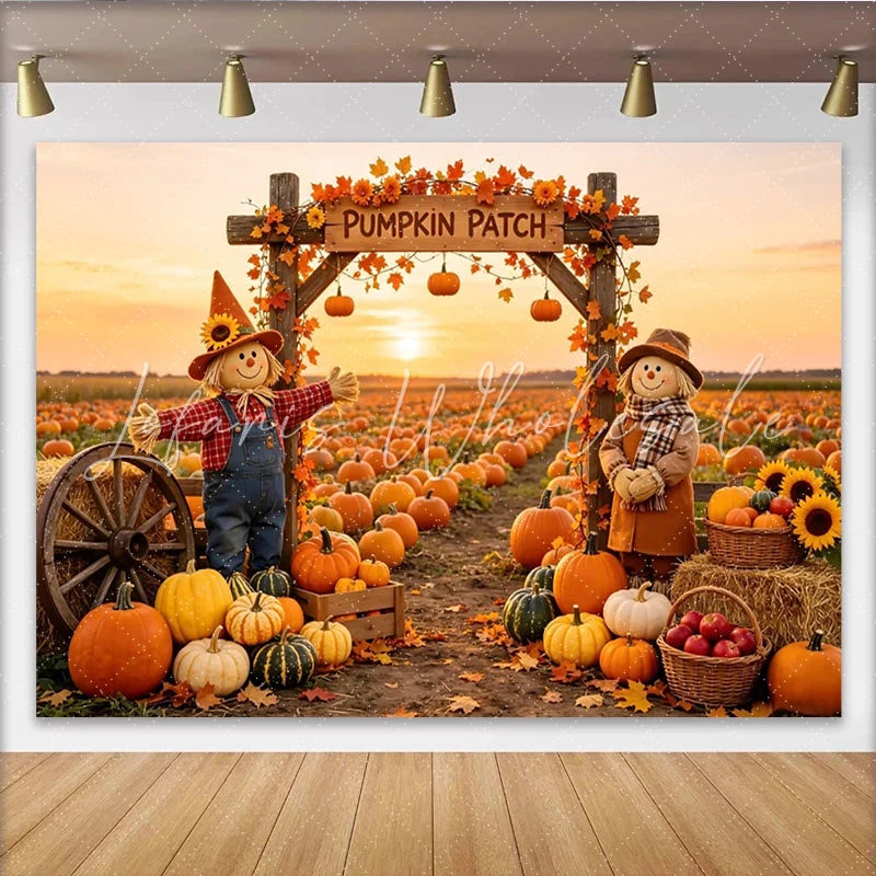 Lofaris Autumn Pumpkin Patch Backdrop with Scarecrows and Sunset Fall Harvest Photography Background for Party Decor