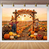 Lofaris Autumn Pumpkin Patch Backdrop with Scarecrows and Sunset Fall Harvest Photography Background for Party Decor