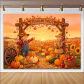 Lofaris Autumn Pumpkin Patch Holiday Backdrop with Scarecrows and Fall Leaves Sunset Farm Background for Thanksgiving Party Decor