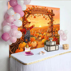 Lofaris Autumn Pumpkin Patch Holiday Backdrop with Scarecrows and Fall Leaves Sunset Farm Background for Thanksgiving Party Decor