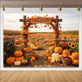Lofaris Autumn Pumpkin Patch Holiday Backdrop with Wooden Arch Fall Leaves Vibrant Harvest Festival Photography Background for Seasonal