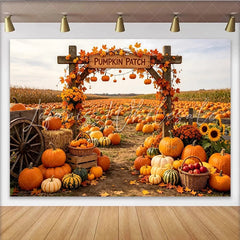Lofaris Autumn Pumpkin Patch Holiday Backdrop with Wooden Arch Fall Leaves Vibrant Harvest Festival Photography Background for Seasonal