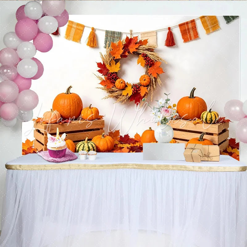 Lofaris Autumn Pumpkin Photography Backdrop for Thanksgiving Colorful Maple Leaves and Fall Wreath Harvest Decor