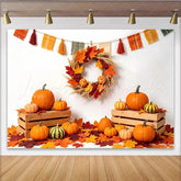 Lofaris Autumn Pumpkin Photography Backdrop for Thanksgiving Colorful Maple Leaves and Fall Wreath Harvest Decor