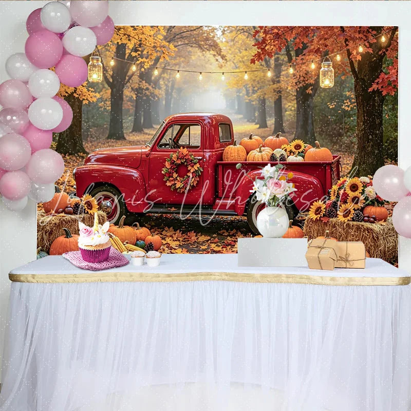 Lofaris Autumn Red Truck and Pumpkin Photography Backdrop Rustic Fall Forest Background with Sunflowers and Hay Bales