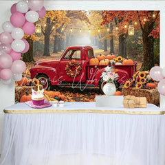 Lofaris Autumn Red Truck and Pumpkin Photography Backdrop Rustic Fall Forest Background with Sunflowers and Hay Bales