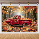Lofaris Autumn Red Truck and Pumpkin Photography Backdrop Rustic Fall Forest Background with Sunflowers and Hay Bales