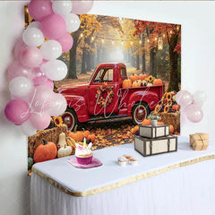 Lofaris Autumn Red Truck and Pumpkin Photography Backdrop Rustic Fall Forest Background with Sunflowers and Hay Bales