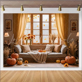 Lofaris Autumn Room Photography Backdrop with Pumpkins and Wheat Rustic Fall Harvest Interior Background for Studio Photoshoot