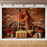 Lofaris Autumn Rustic Photography Backdrop with Brick Wall and Fall Leaves Vintage Farmhouse Studio Background for Seasonal Photoshoot