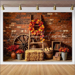 Lofaris Autumn Rustic Photography Backdrop with Brick Wall and Fall Leaves Vintage Farmhouse Studio Background for Seasonal Photoshoot
