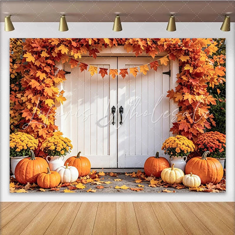 Lofaris Autumn Thanksgiving Backdrop with Orange Maple Leaves and Pumpkins Cozy Fall Harvest Photography Background Decor