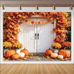 Lofaris Autumn Thanksgiving Backdrop with Orange Maple Leaves and Pumpkins Cozy Fall Harvest Photography Background Decor