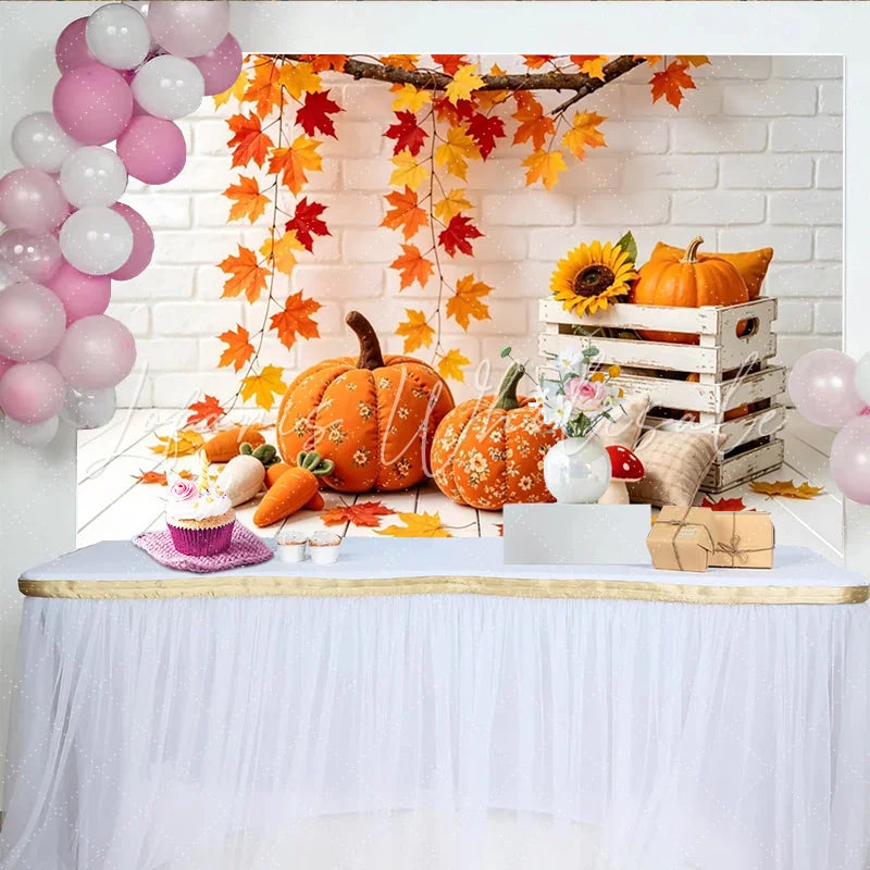 Lofaris Autumn Thanksgiving Backdrop with Pumpkins and Maple Leaves White Brick Wall Background for Fall Harvest Party Decor