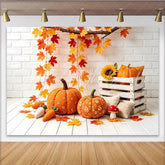 Lofaris Autumn Thanksgiving Backdrop with Pumpkins and Maple Leaves White Brick Wall Background for Fall Harvest Party Decor