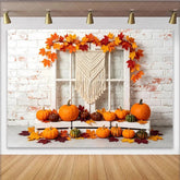 Lofaris Autumn Thanksgiving Backdrop with White Brick Wall and Pumpkins Fall Harvest Photography Background for Seasonal Decor