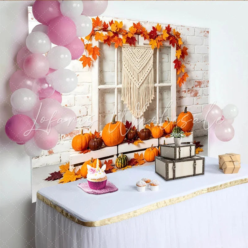 Lofaris Autumn Thanksgiving Backdrop with White Brick Wall and Pumpkins Fall Harvest Photography Background for Seasonal Decor