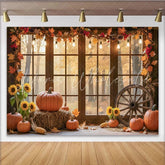 Lofaris Autumn Window Photography Backdrop with Pumpkins and Sunflowers Rustic Fall Harvest Scene for Studio Photoshoot Decor