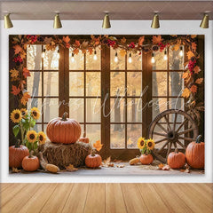 Lofaris Autumn Window Photography Backdrop with Pumpkins and Sunflowers Rustic Fall Harvest Scene for Studio Photoshoot Decor