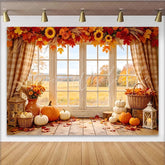 Lofaris Autumn Window Photography Backdrop with Pumpkins and Sunflowers Rustic Fall Scene Background for Studio Photoshoot