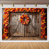Lofaris Autumn Wooden Barn Photography Backdrop with Maple Leaves Rustic Fall Foliage Studio Background for Photoshoot