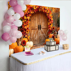 Lofaris Autumn Wooden Door Holiday Backdrop with Vibrant Fall Leaves Harvest Festival Photography Background for Thanksgiving Party