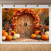 Lofaris Autumn Wooden Door Holiday Backdrop with Vibrant Fall Leaves Harvest Festival Photography Background for Thanksgiving Party