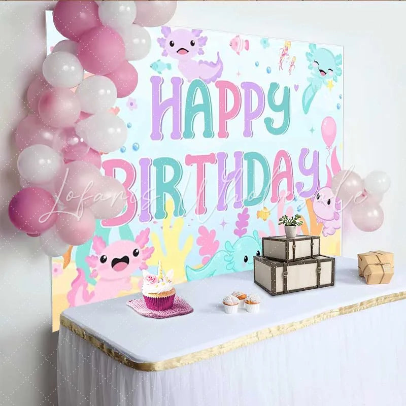 Lofaris Axolotl Happy Birthday Backdrop Cute Pink Blue Salamander Under the Sea Photography Background Girls Birthday Party Prop