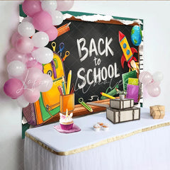 Lofaris Back To School Blackboard Backdrop with Backpack Pencils and Rocket Colorful Classroom Background for Kids Party Decoration