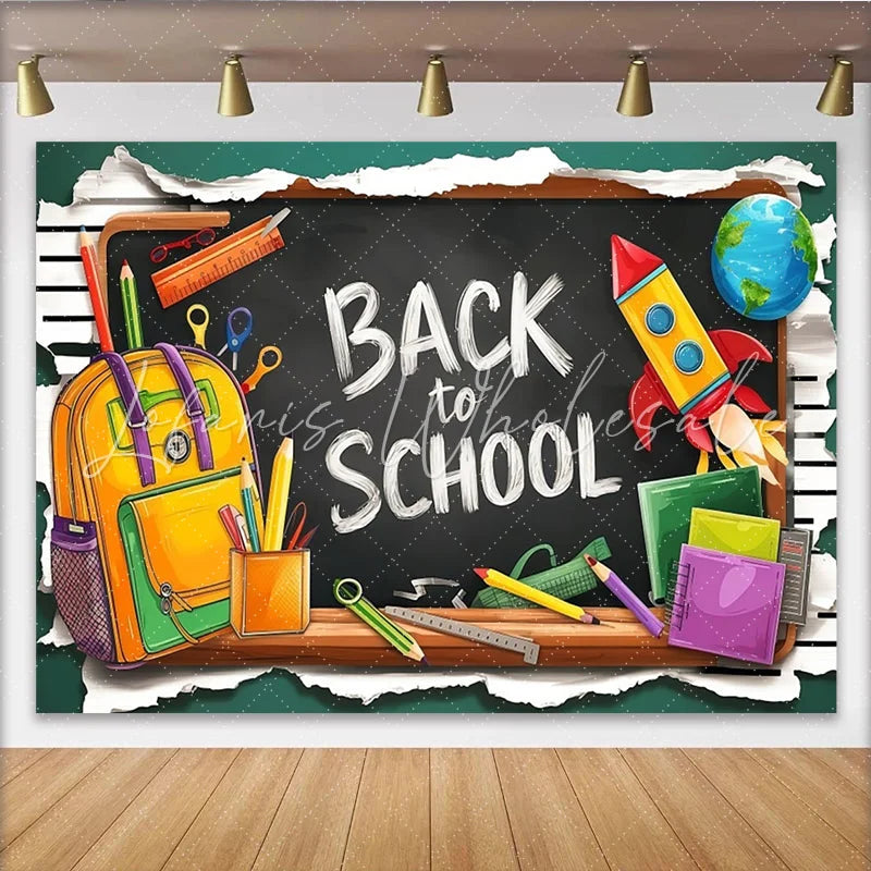 Lofaris Back To School Blackboard Backdrop with Backpack Pencils and Rocket Colorful Classroom Background for Kids Party Decoration