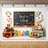 Lofaris Back to School Blackboard Backdrop with Colorful Pencils and ABC Numbers White Brick Wall Background for Classroom Decor