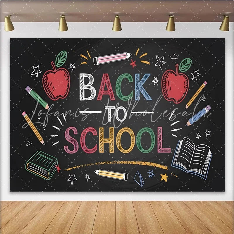 Lofaris Back To School Chalkboard Backdrop Colorful Apples Pencils Fun Photo Background for Classroom Decor and Party Photography