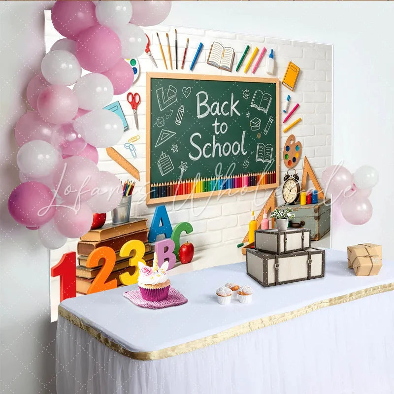 Lofaris Back to School Chalkboard Backdrop with Colorful Pencils and Books White Brick Wall Photography Background for Classroom Decor