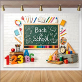 Lofaris Back to School Chalkboard Backdrop with Colorful Pencils and Books White Brick Wall Photography Background for Classroom Decor
