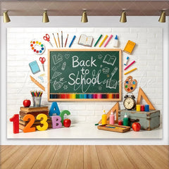 Lofaris Back to School Chalkboard Backdrop with Colorful Pencils and Books White Brick Wall Photography Background for Classroom Decor