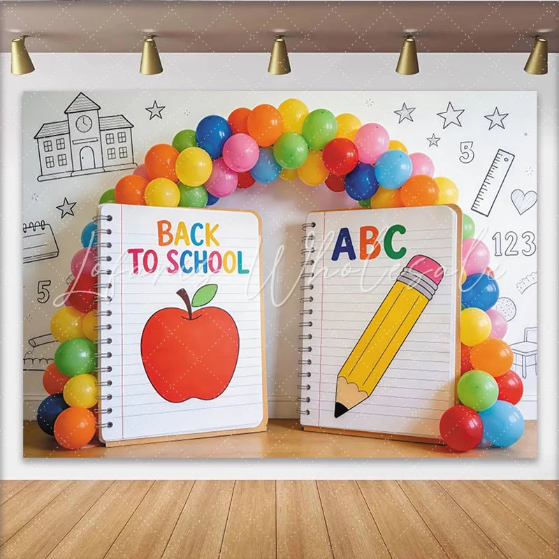 Lofaris Back to School Photography Backdrop with Apple and Pencil Colorful ABC Notebook Photo Booth Prop for Classroom Decor
