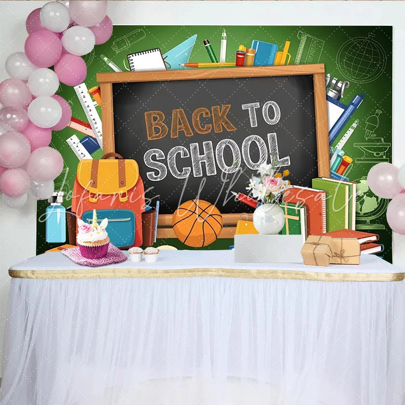 Lofaris Back To School Photography Backdrop with Blackboard and Supplies Colorful Classroom Background for Student Photoshoot