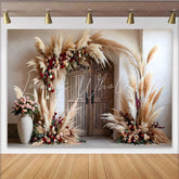 Lofaris Barn Door Floral Backdrop Pampa Grass Arch and Rose Arrangements for Rustic Party